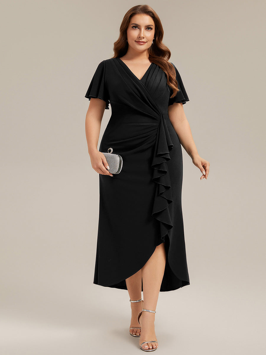 Asymmetrischer Saum V Neck Bodycon Kleid Aus Krepp Mit Tiefem V Ausschnitt Und Hohem Schlitz #Farbe_Schwarz
