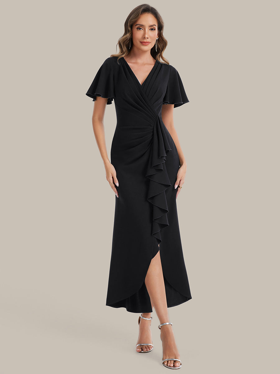 Asymmetrischer Saum V Neck Bodycon Kleid Aus Krepp Mit Tiefem V Ausschnitt Und Hohem Schlitz #Farbe_Schwarz