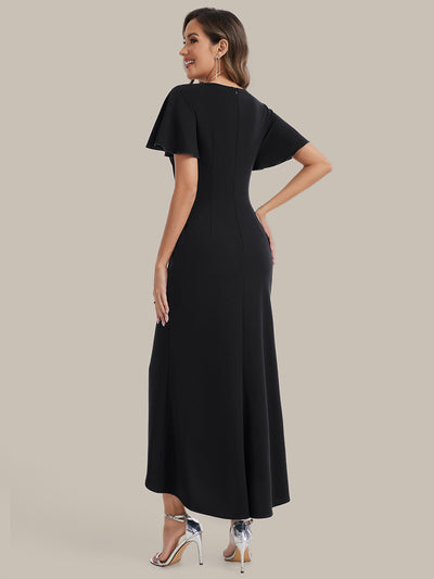 Asymmetrischer Saum V Neck Bodycon Kleid Aus Krepp Mit Tiefem V Ausschnitt Und Hohem Schlitz #Farbe_Schwarz
