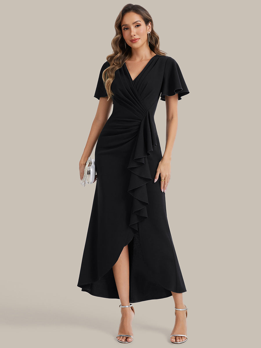 Asymmetrischer Saum V Neck Bodycon Kleid Aus Krepp Mit Tiefem V Ausschnitt Und Hohem Schlitz #Farbe_Schwarz