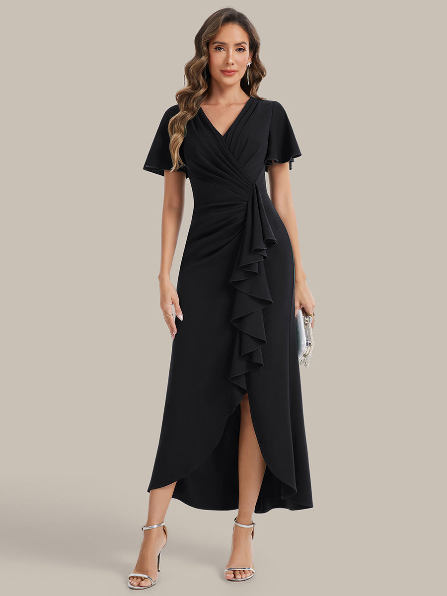 Asymmetrischer Saum V Neck Bodycon Kleid Aus Krepp Mit Tiefem V Ausschnitt Und Hohem Schlitz #Farbe_Schwarz