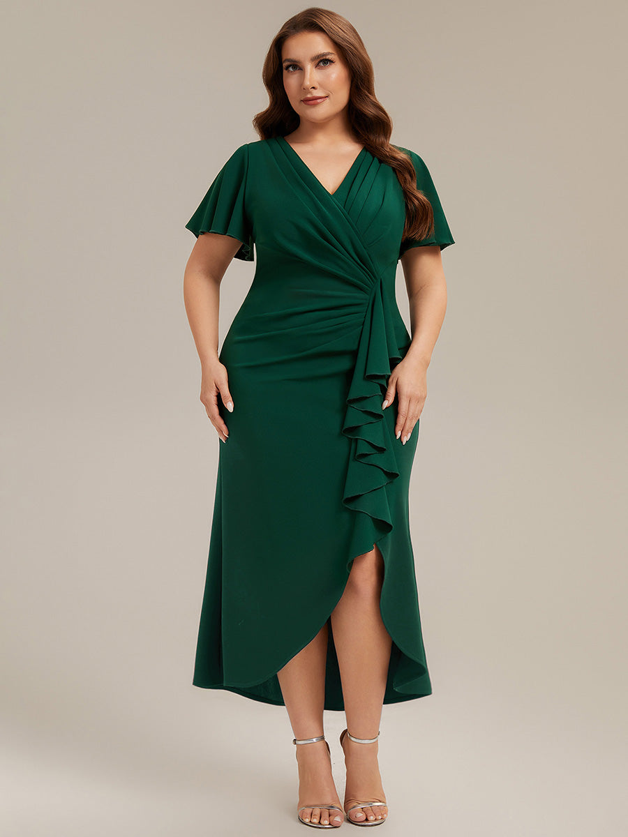 Asymmetrischer Saum V Neck Bodycon Kleid Aus Krepp Mit Tiefem V Ausschnitt Und Hohem Schlitz #Farbe_Dunkelgrün
