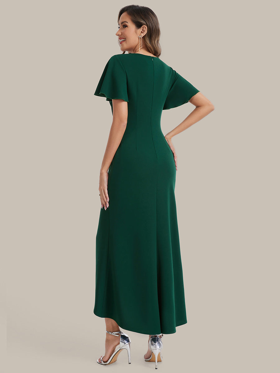 Asymmetrischer Saum V Neck Bodycon Kleid Aus Krepp Mit Tiefem V Ausschnitt Und Hohem Schlitz #Farbe_Dunkelgrün