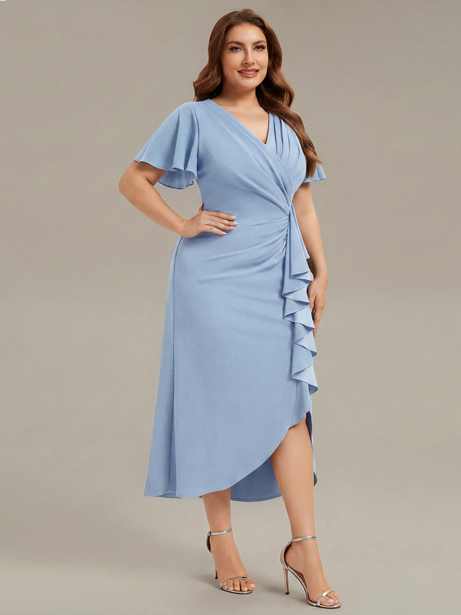 Asymmetrischer Saum V Neck Bodycon Kleid Aus Krepp Mit Tiefem V Ausschnitt Und Hohem Schlitz #Farbe_Eisblau