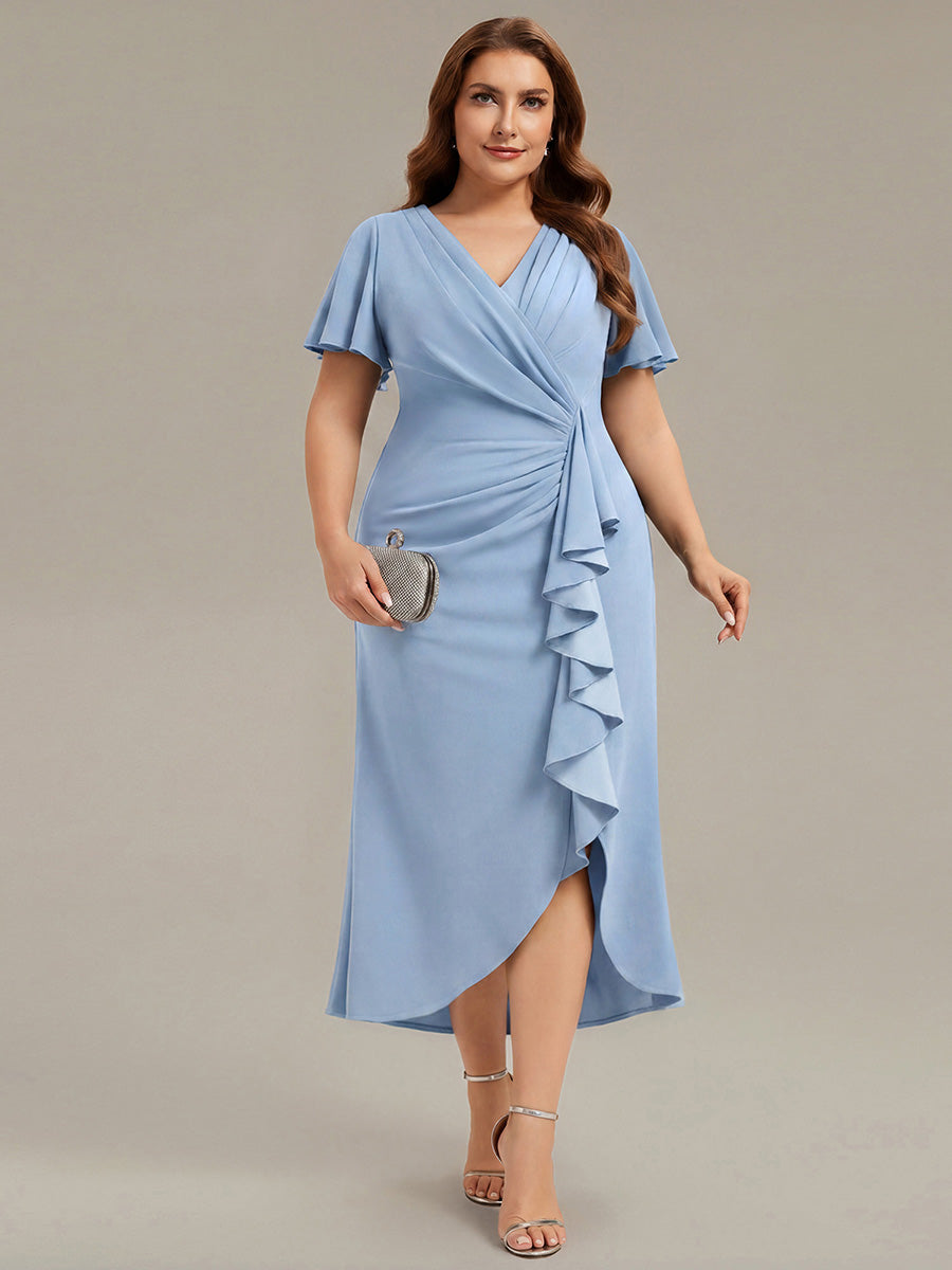 Asymmetrischer Saum V Neck Bodycon Kleid Aus Krepp Mit Tiefem V Ausschnitt Und Hohem Schlitz #Farbe_Eisblau