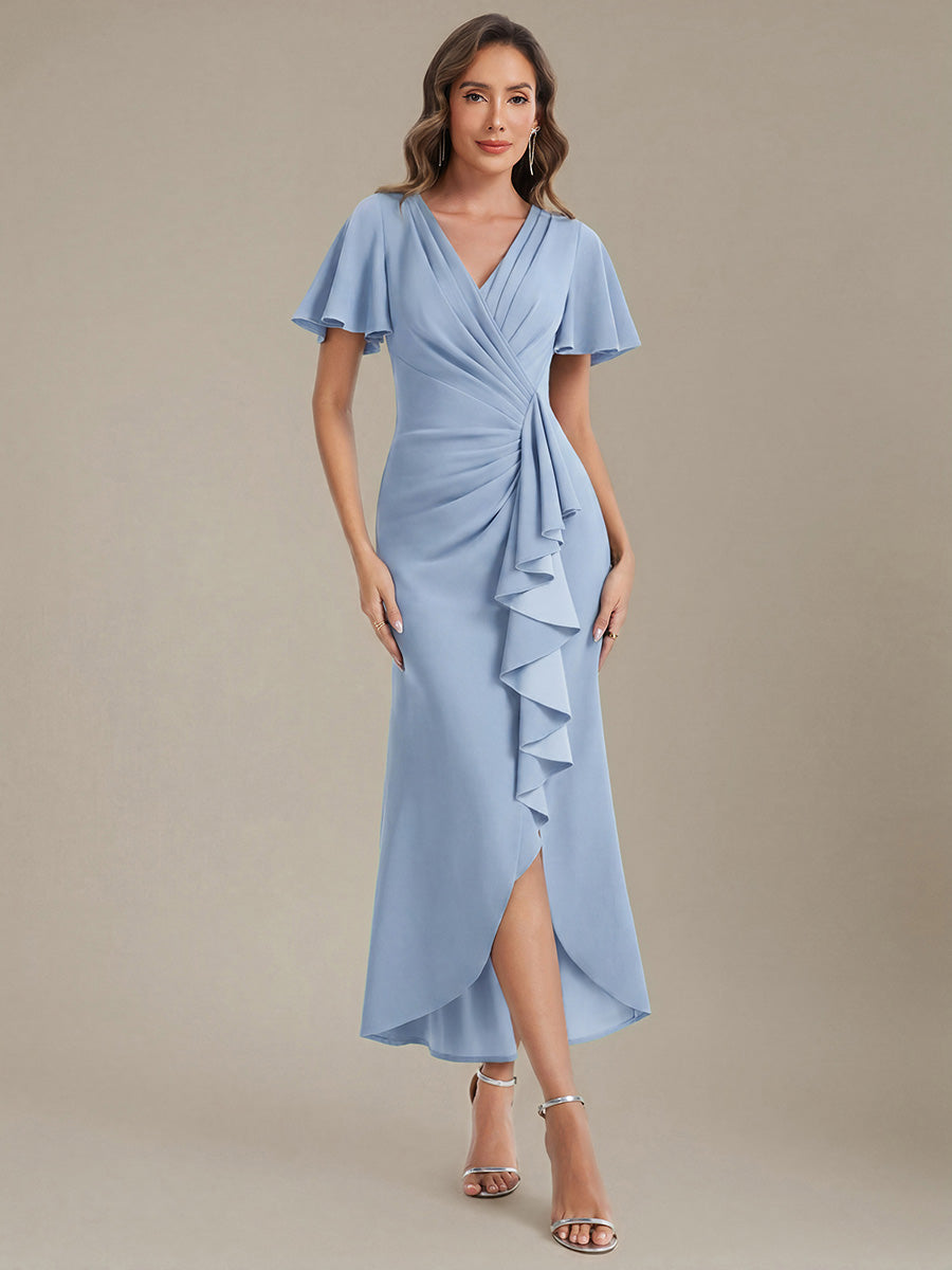 Asymmetrischer Saum V Neck Bodycon Kleid Aus Krepp Mit Tiefem V Ausschnitt Und Hohem Schlitz #Farbe_Eisblau