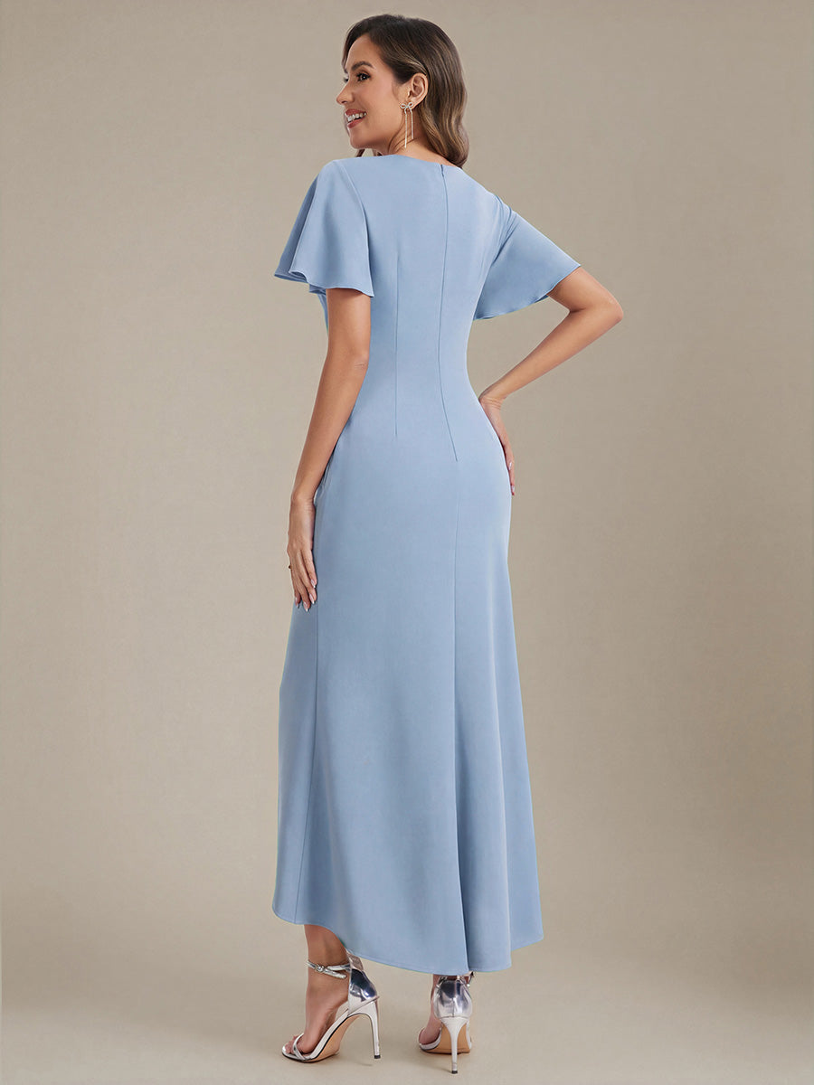 Asymmetrischer Saum V Neck Bodycon Kleid Aus Krepp Mit Tiefem V Ausschnitt Und Hohem Schlitz #Farbe_Eisblau