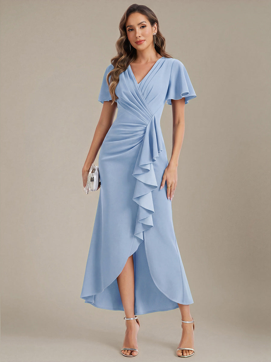 Asymmetrischer Saum V Neck Bodycon Kleid Aus Krepp Mit Tiefem V Ausschnitt Und Hohem Schlitz #Farbe_Eisblau