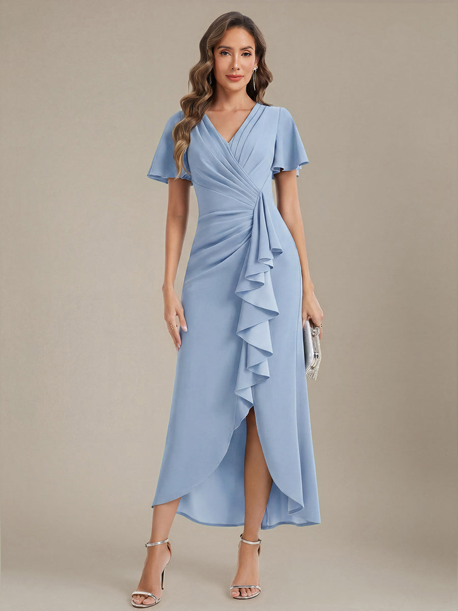 Asymmetrischer Saum V Neck Bodycon Kleid Aus Krepp Mit Tiefem V Ausschnitt Und Hohem Schlitz #Farbe_Eisblau