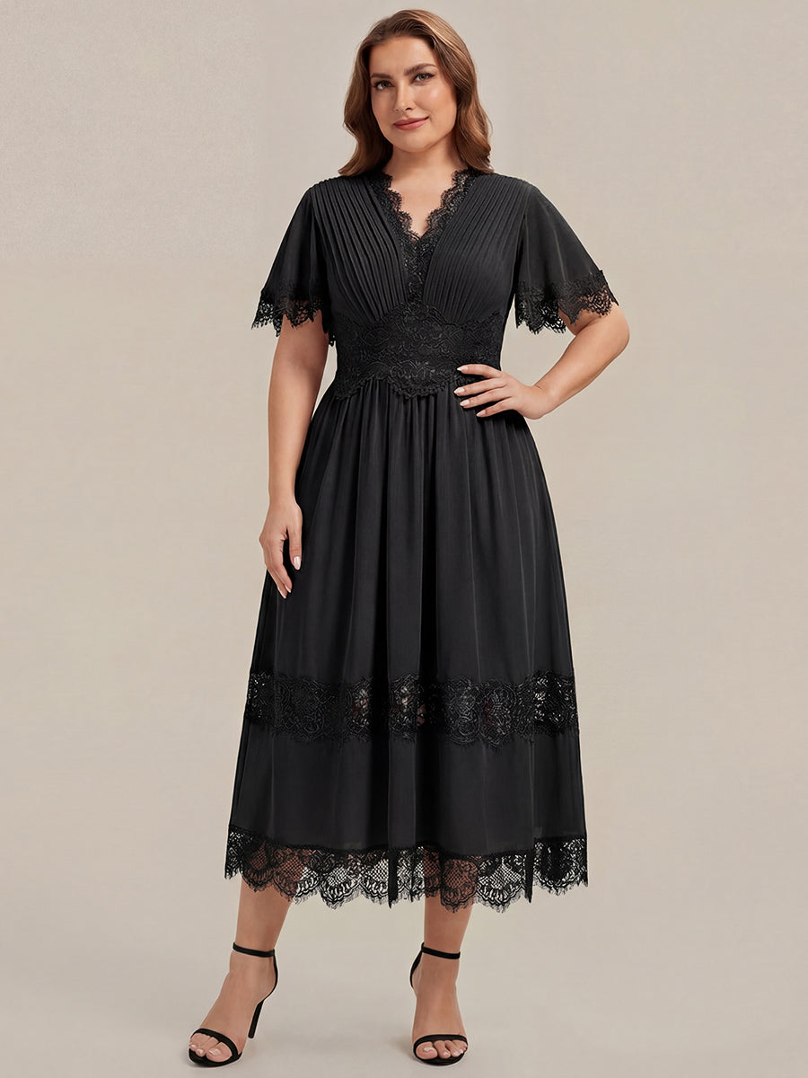 Tea L?nge V-Ausschnitt A-Linie Chiffon Kleid Mit Falten Design Und Cut-Out Detail #Farbe_Schwarz
