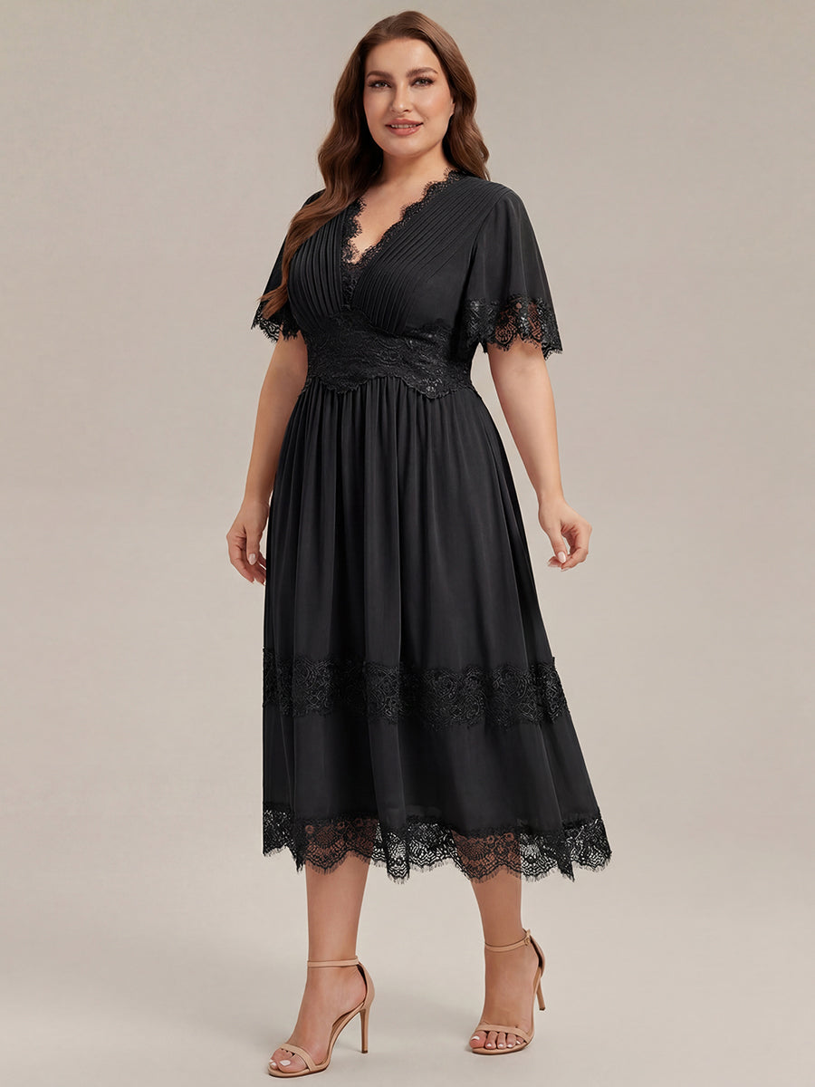 Tea L?nge V-Ausschnitt A-Linie Chiffon Kleid Mit Falten Design Und Cut-Out Detail #Farbe_Schwarz