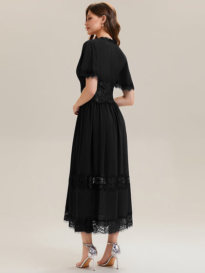 Tea L?nge V-Ausschnitt A-Linie Chiffon Kleid Mit Falten Design Und Cut-Out Detail #Farbe_Schwarz