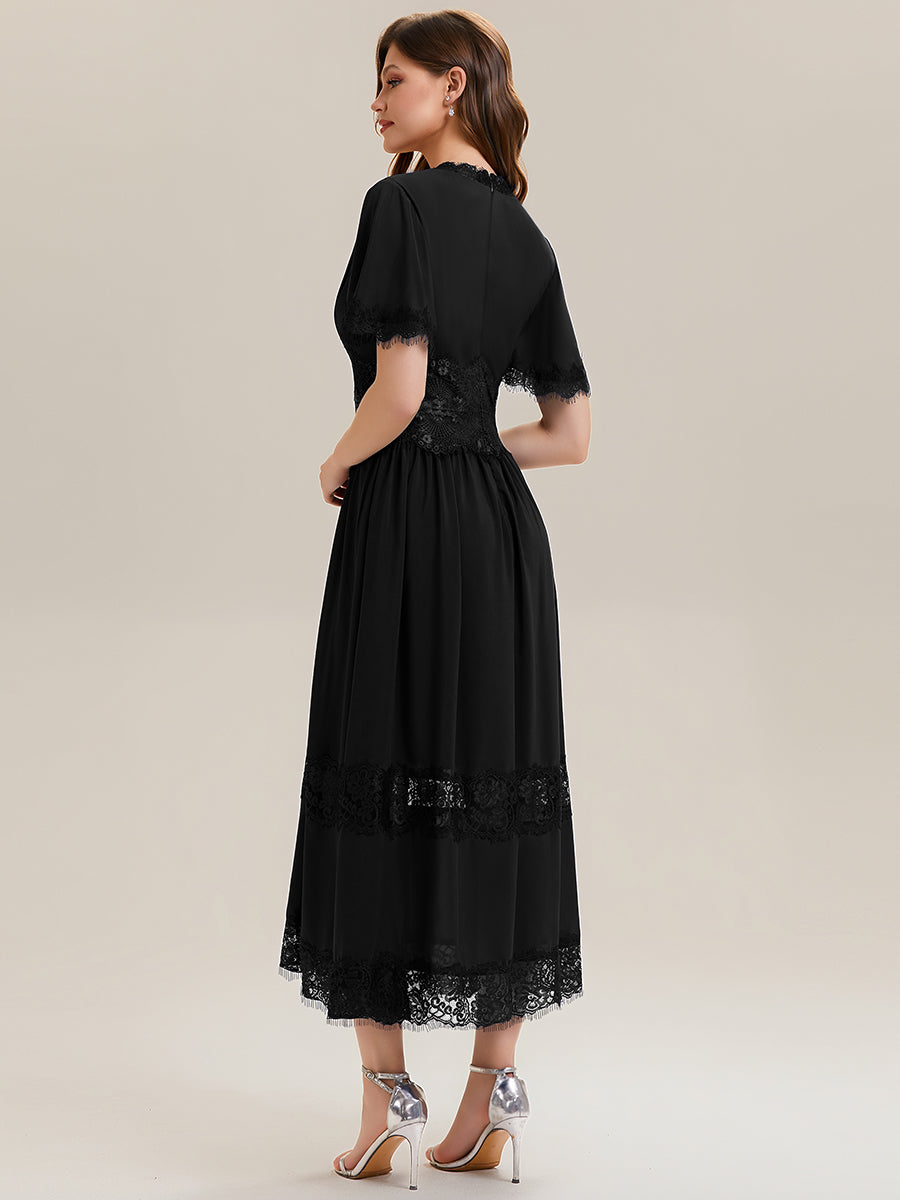 Tea L?nge V-Ausschnitt A-Linie Chiffon Kleid Mit Falten Design Und Cut-Out Detail #Farbe_Schwarz