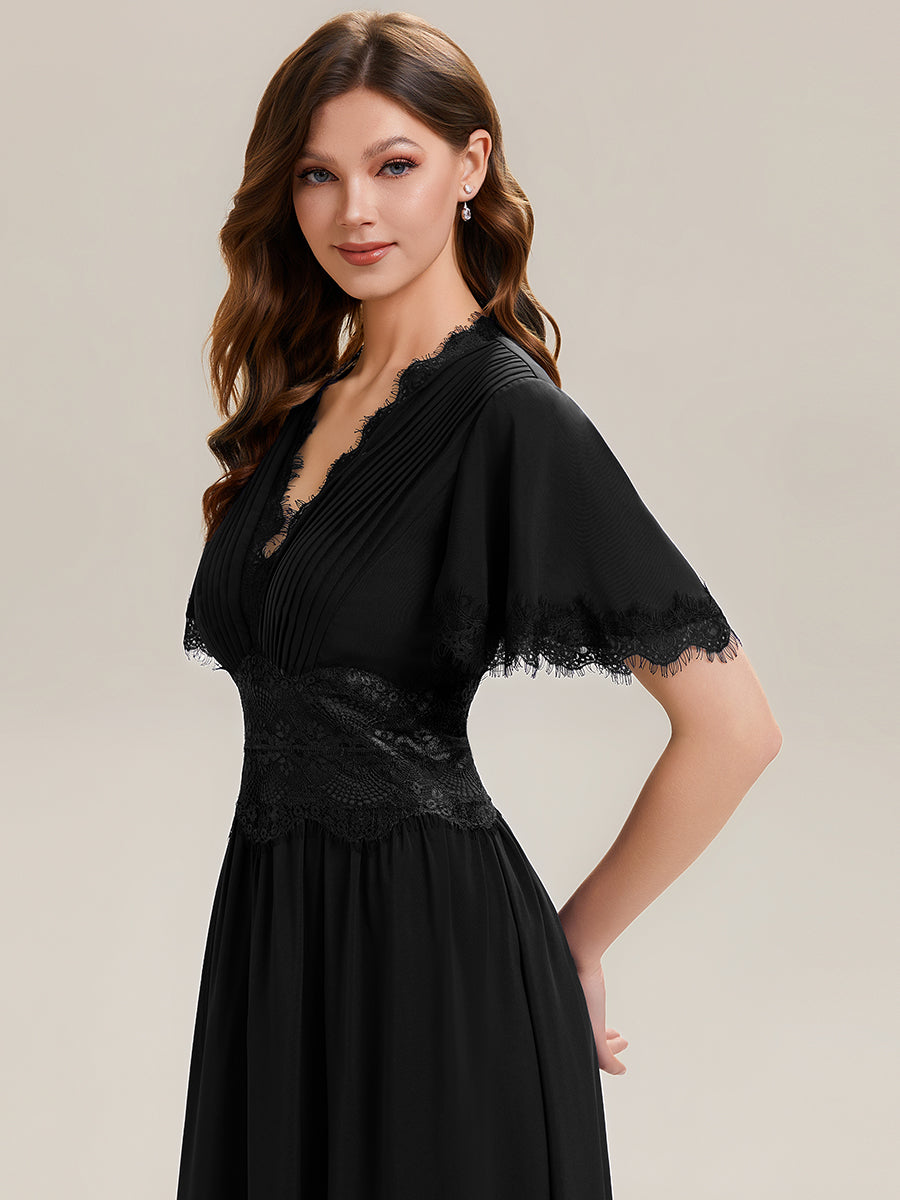 Tea L?nge V-Ausschnitt A-Linie Chiffon Kleid Mit Falten Design Und Cut-Out Detail #Farbe_Schwarz