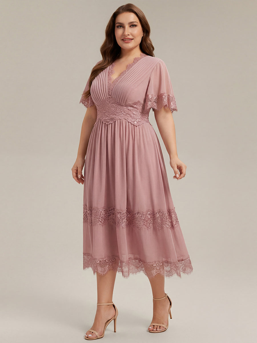 Tea L?nge V-Ausschnitt A-Linie Chiffon Kleid Mit Falten Design Und Cut-Out Detail #Farbe_Altrosa