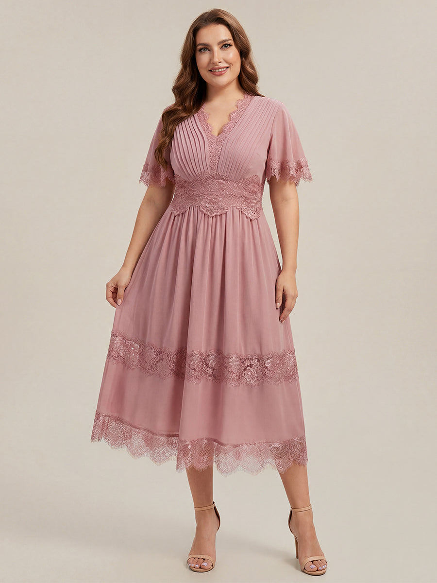 Tea L?nge V-Ausschnitt A-Linie Chiffon Kleid Mit Falten Design Und Cut-Out Detail #Farbe_Altrosa