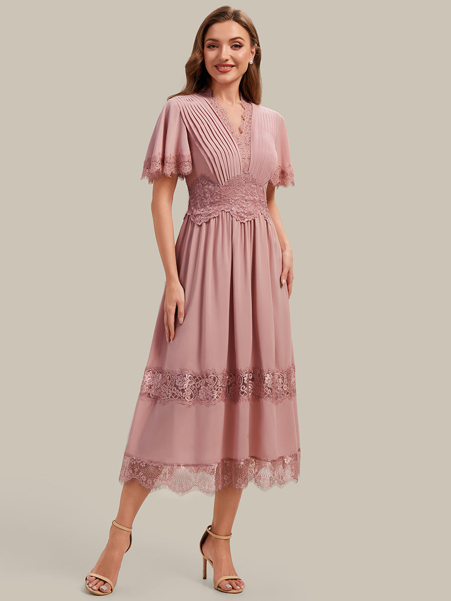 Tea L?nge V-Ausschnitt A-Linie Chiffon Kleid Mit Falten Design Und Cut-Out Detail #Farbe_Altrosa