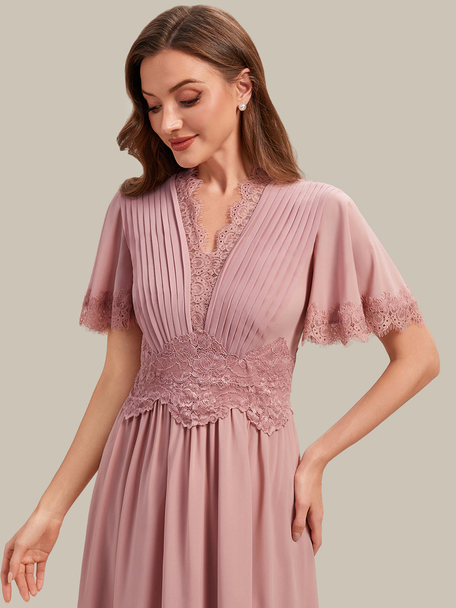 Tea L?nge V-Ausschnitt A-Linie Chiffon Kleid Mit Falten Design Und Cut-Out Detail #Farbe_Altrosa