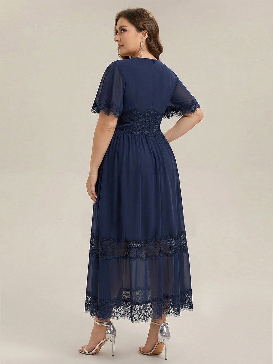 Tea L?nge V-Ausschnitt A-Linie Chiffon Kleid Mit Falten Design Und Cut-Out Detail #Farbe_Marineblau