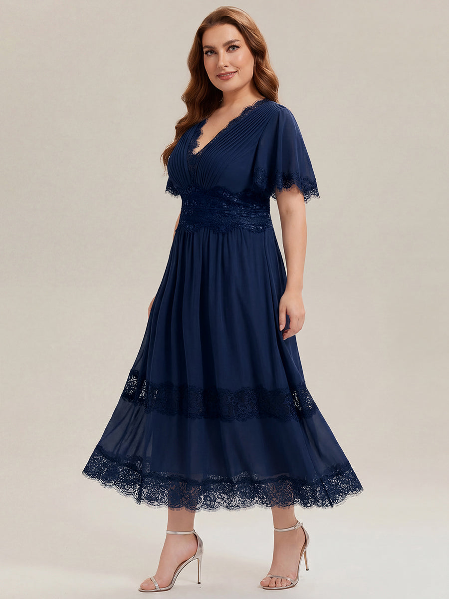Tea L?nge V-Ausschnitt A-Linie Chiffon Kleid Mit Falten Design Und Cut-Out Detail #Farbe_Marineblau