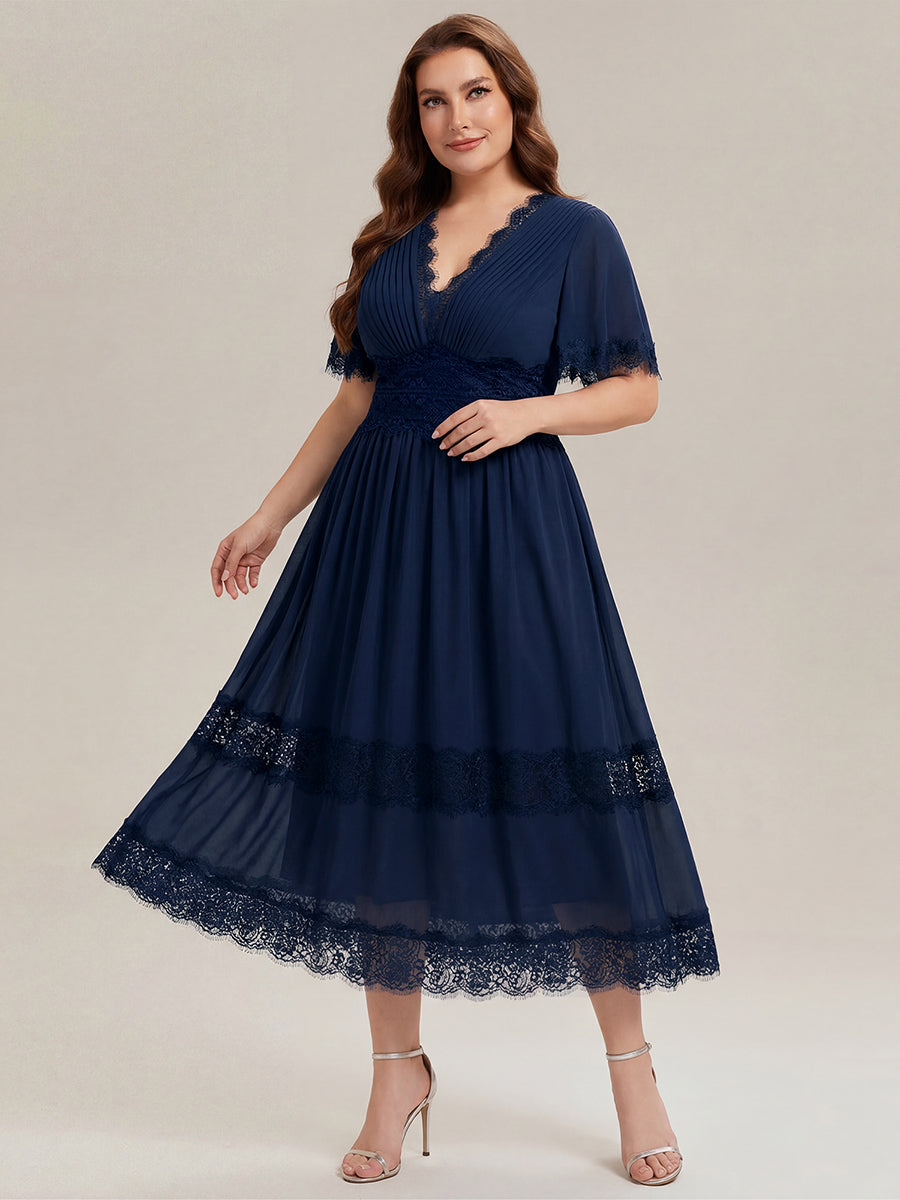 Tea L?nge V-Ausschnitt A-Linie Chiffon Kleid Mit Falten Design Und Cut-Out Detail #Farbe_Marineblau