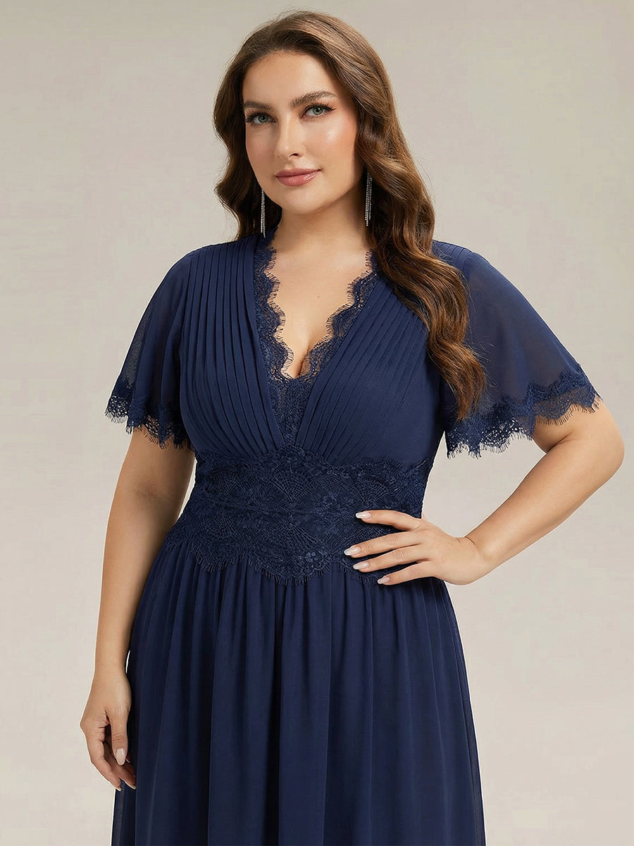 Tea L?nge V-Ausschnitt A-Linie Chiffon Kleid Mit Falten Design Und Cut-Out Detail #Farbe_Marineblau