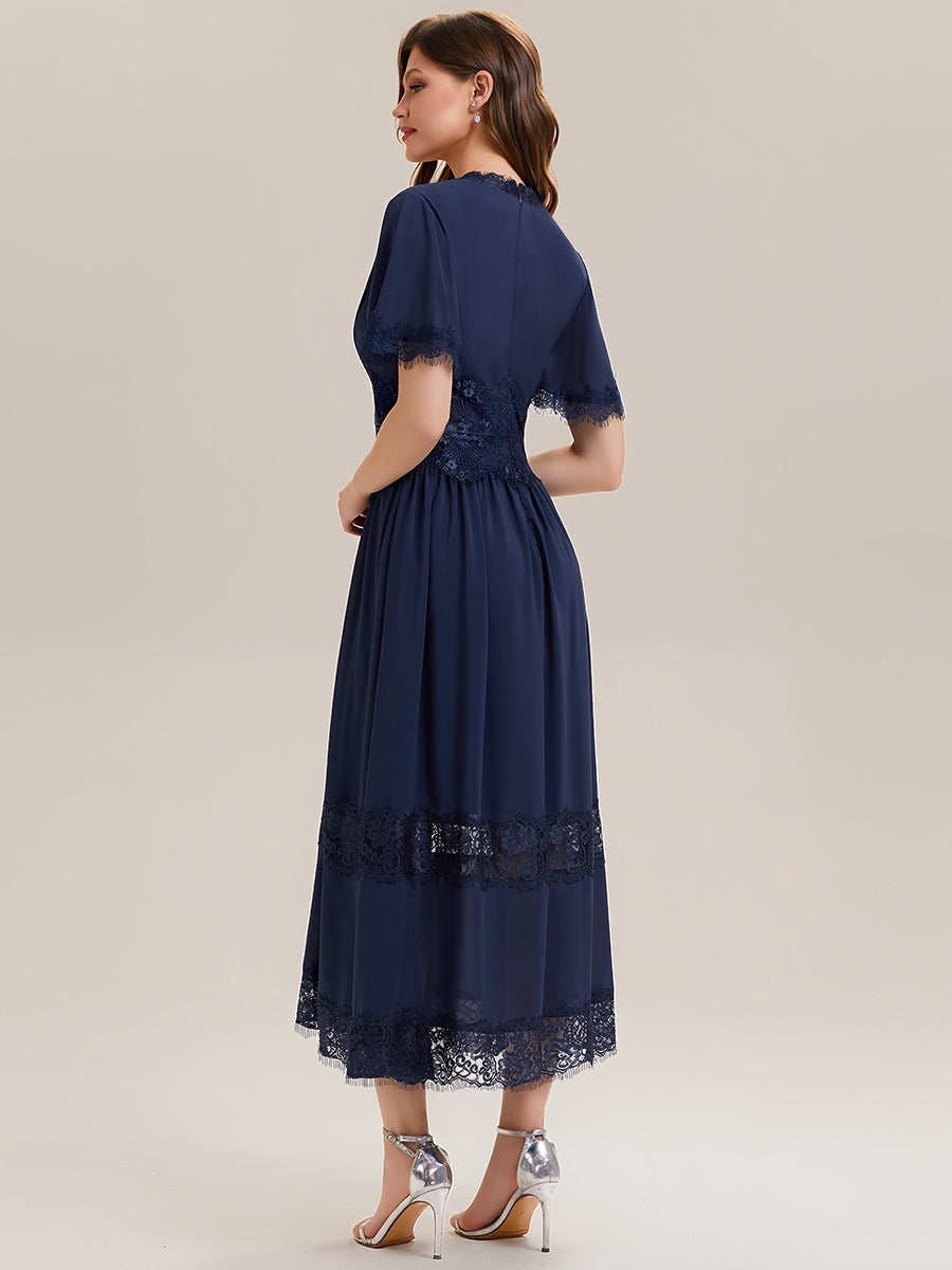 Tea L?nge V-Ausschnitt A-Linie Chiffon Kleid Mit Falten Design Und Cut-Out Detail #Farbe_Marineblau