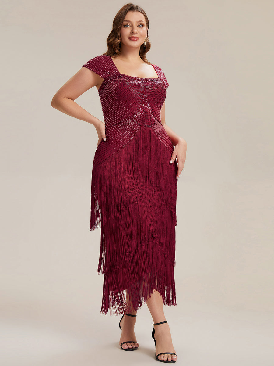 Tea Länge Quadrat Ausschnitt Bodycon Tüll Kleid Mit Perlen Verzierten Stufen Details #Farbe_Burgunderrot