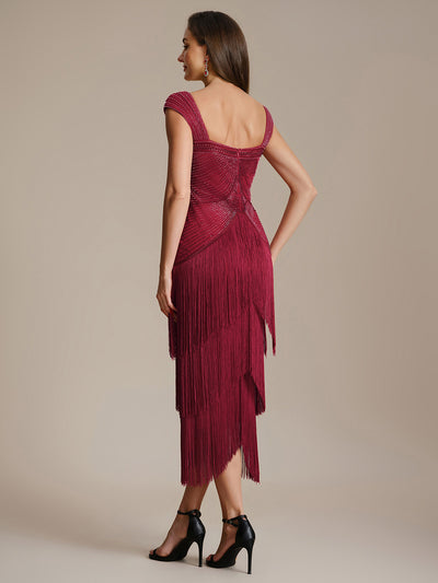 Tea Länge Quadrat Ausschnitt Bodycon Tüll Kleid Mit Perlen Verzierten Stufen Details #Farbe_Burgunderrot