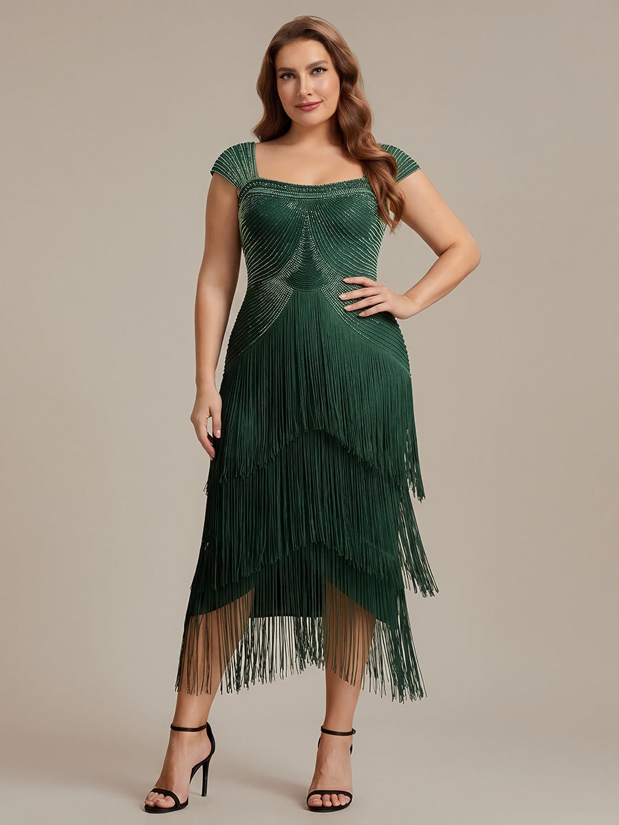 Tea Länge Quadrat Ausschnitt Bodycon Tüll Kleid Mit Perlen Verzierten Stufen Details #Farbe_Dunkelgrün