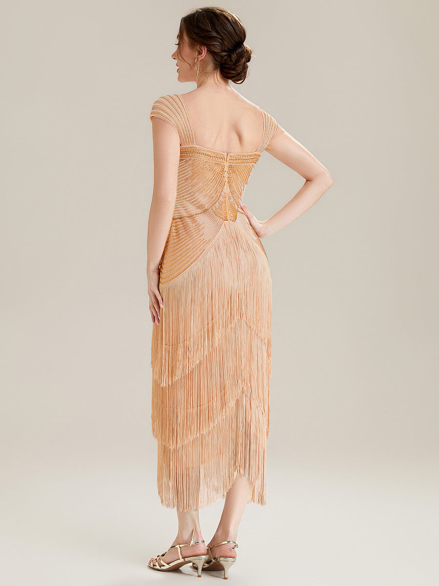 Tea Länge Quadrat Ausschnitt Bodycon Tüll Kleid Mit Perlen Verzierten Stufen Details #Farbe_Gold