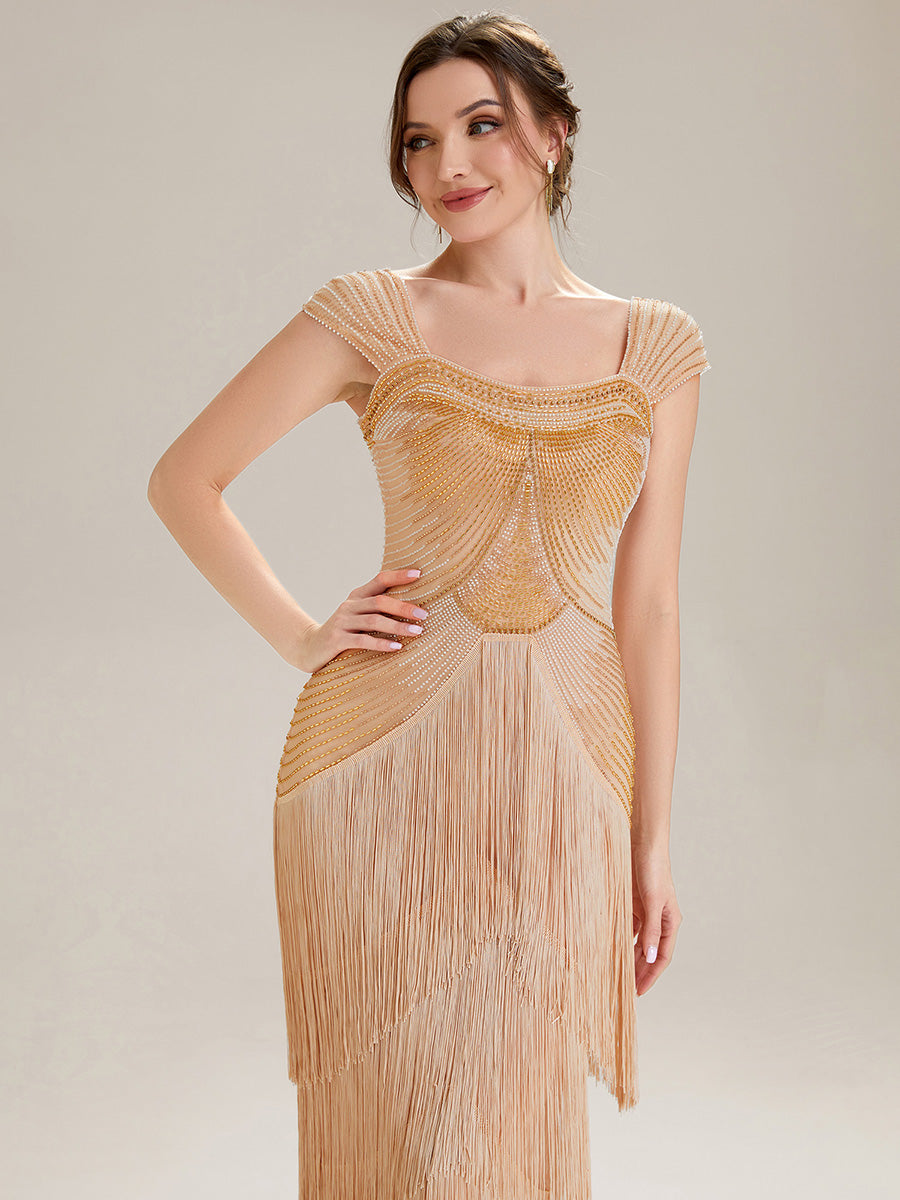 Tea Länge Quadrat Ausschnitt Bodycon Tüll Kleid Mit Perlen Verzierten Stufen Details #Farbe_Gold