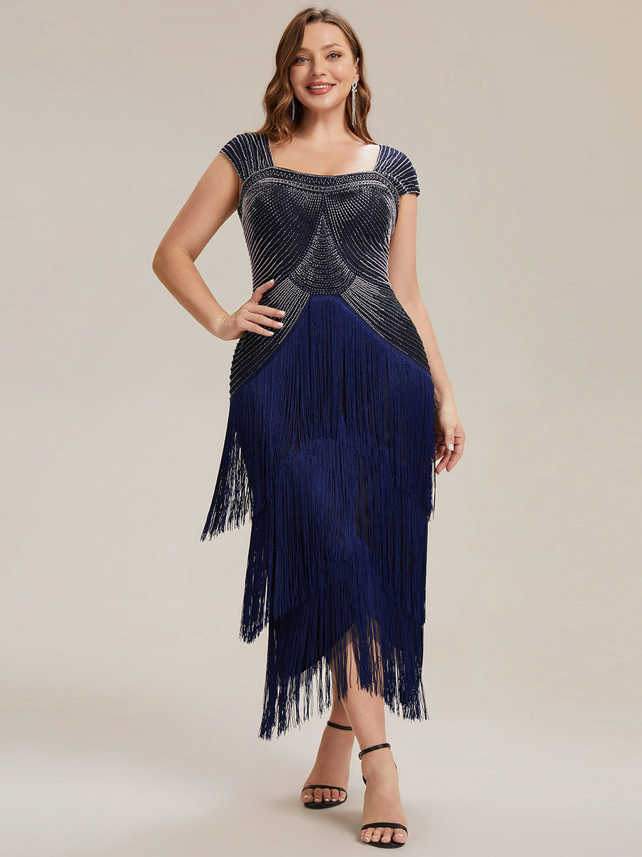Tea Länge Quadrat Ausschnitt Bodycon Tüll Kleid Mit Perlen Verzierten Stufen Details #Farbe_Marineblau