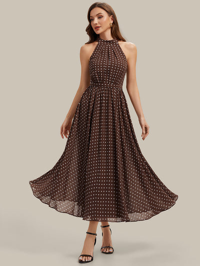 Midi Halter Neck A Linie Chiffon Kleid Mit Falten Und Punkten #Farbe_Braune Punkte