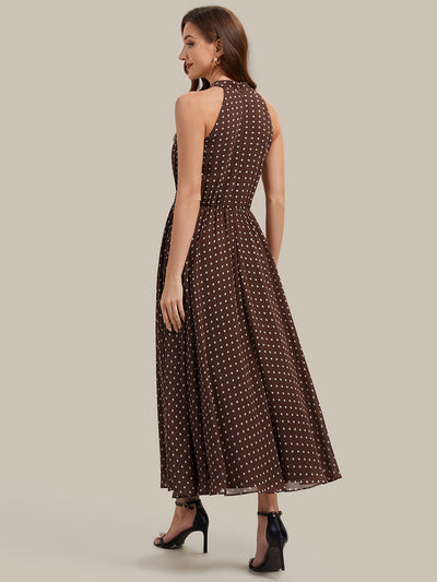 Midi Halter Neck A Linie Chiffon Kleid Mit Falten Und Punkten #Farbe_Braune Punkte