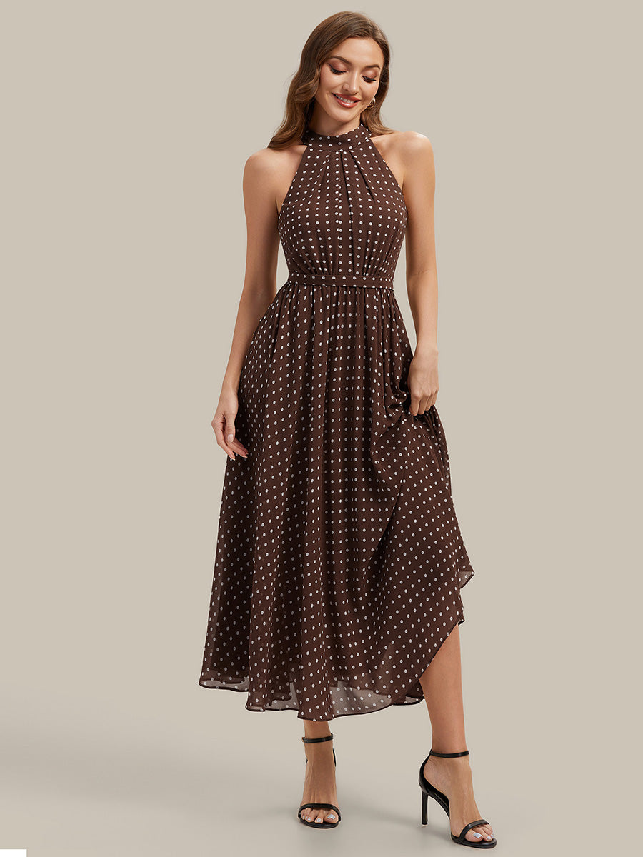 Midi Halter Neck A Linie Chiffon Kleid Mit Falten Und Punkten #Farbe_Braune Punkte