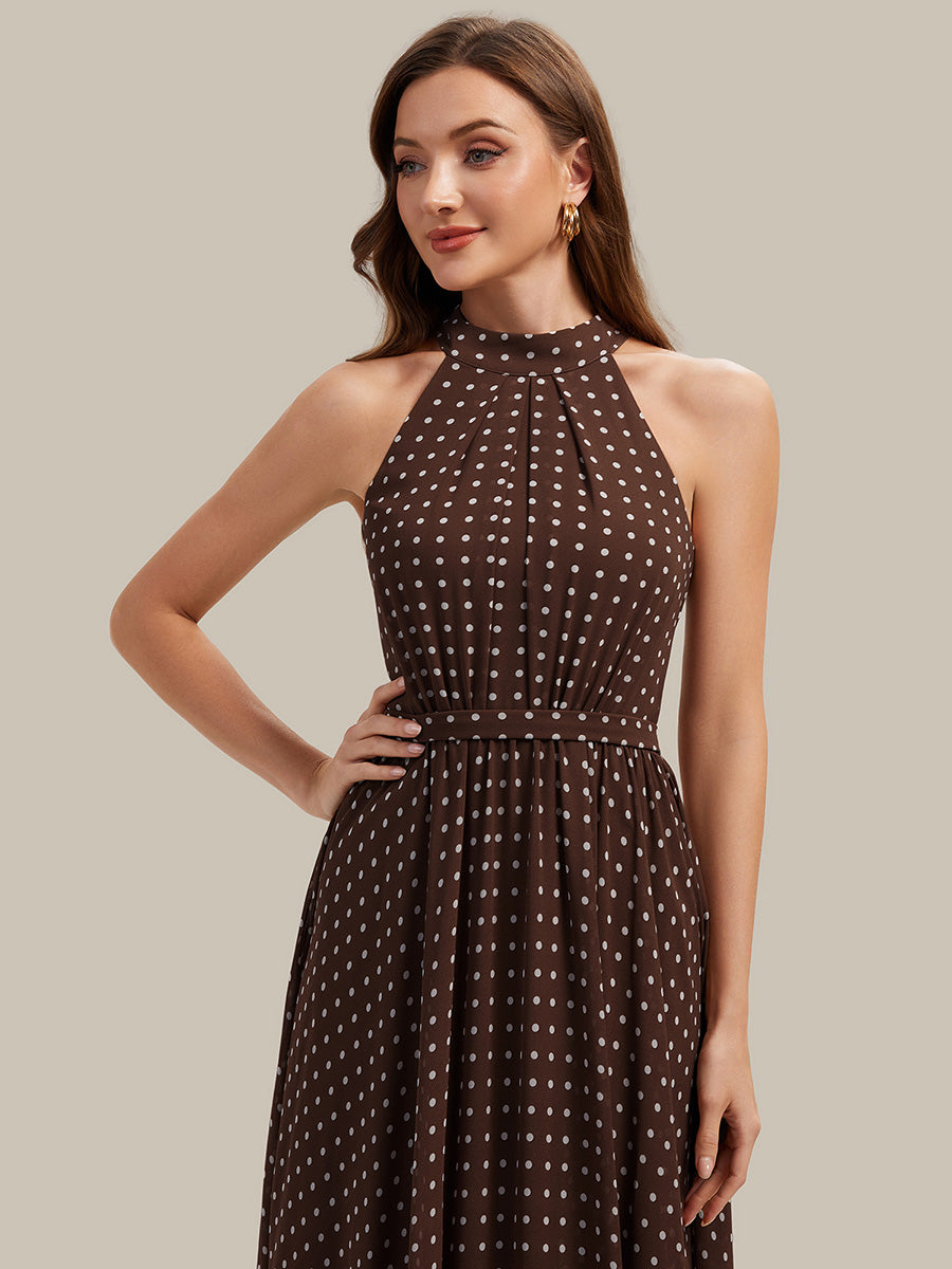 Midi Halter Neck A Linie Chiffon Kleid Mit Falten Und Punkten #Farbe_Braune Punkte
