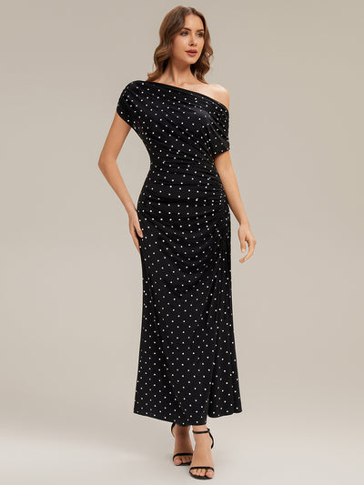 Kn?chellang Asymmetrisches Sheath Kleid Aus Strick Mit Polka Dot Und Bedrucktem Design #Farbe_Schwarz gepunktet