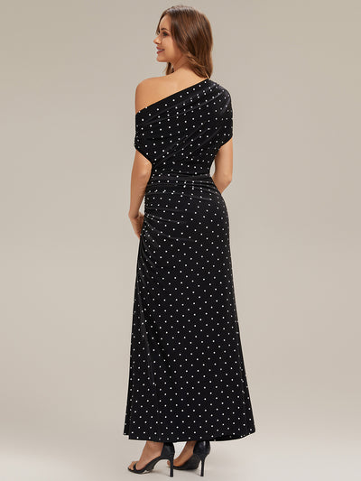 Kn?chellang Asymmetrisches Sheath Kleid Aus Strick Mit Polka Dot Und Bedrucktem Design #Farbe_Schwarz gepunktet