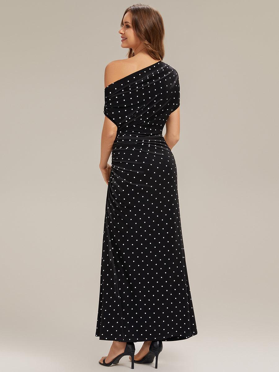 Kn?chellang Asymmetrisches Sheath Kleid Aus Strick Mit Polka Dot Und Bedrucktem Design #Farbe_Schwarz gepunktet