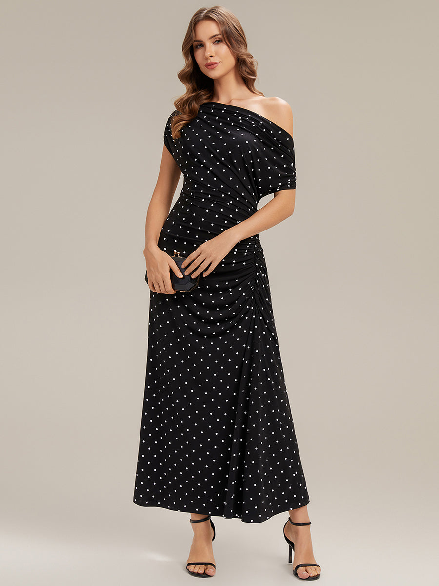 Kn?chellang Asymmetrisches Sheath Kleid Aus Strick Mit Polka Dot Und Bedrucktem Design #Farbe_Schwarz gepunktet