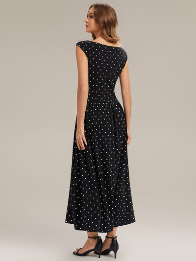 Kn?chellang V-Ausschnitt A-Linien Kleid Aus Strick Mit Raffung Und P¨¹nktchen Design #Farbe_Schwarz gepunktet