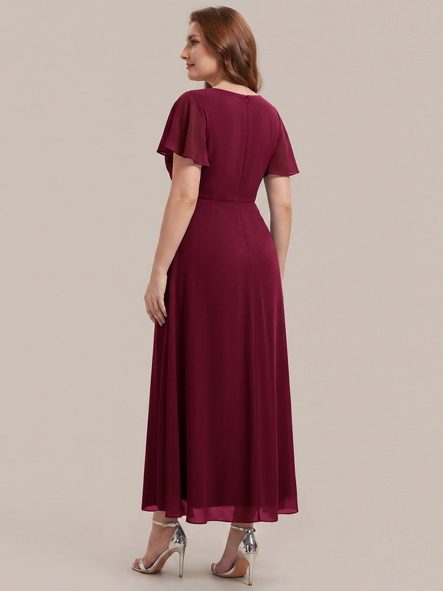 Kn?chellang V-Ausschnitt A-Line Chiffon Kleid R¨¹schendetails Strassverzierungen #Farbe_Burgunderrot