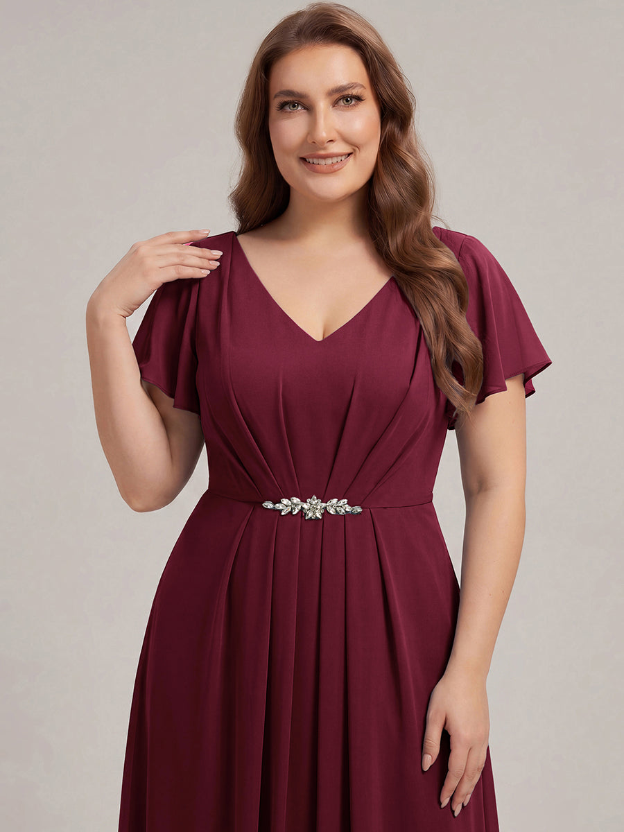 Kn?chellang V-Ausschnitt A-Line Chiffon Kleid R¨¹schendetails Strassverzierungen #Farbe_Burgunderrot