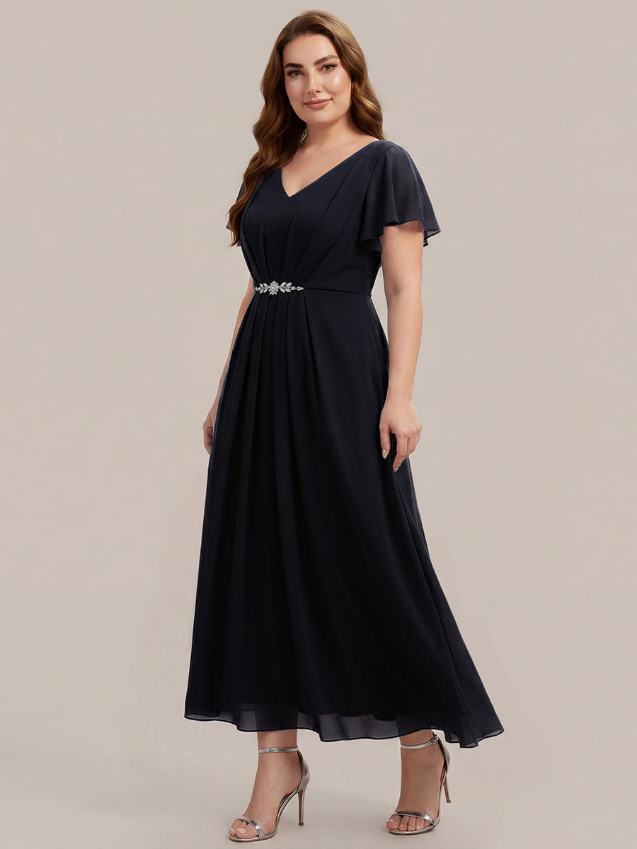 Kn?chellang V-Ausschnitt A-Line Chiffon Kleid R¨¹schendetails Strassverzierungen #Farbe_Schwarz