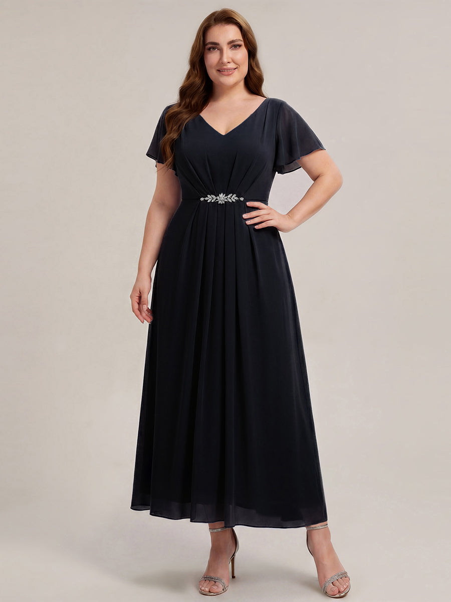Kn?chellang V-Ausschnitt A-Line Chiffon Kleid R¨¹schendetails Strassverzierungen #Farbe_Schwarz