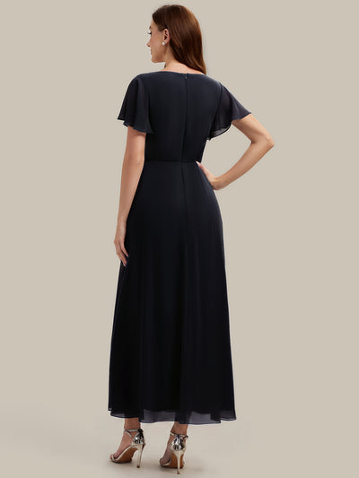 Kn?chellang V-Ausschnitt A-Line Chiffon Kleid R¨¹schendetails Strassverzierungen #Farbe_Schwarz