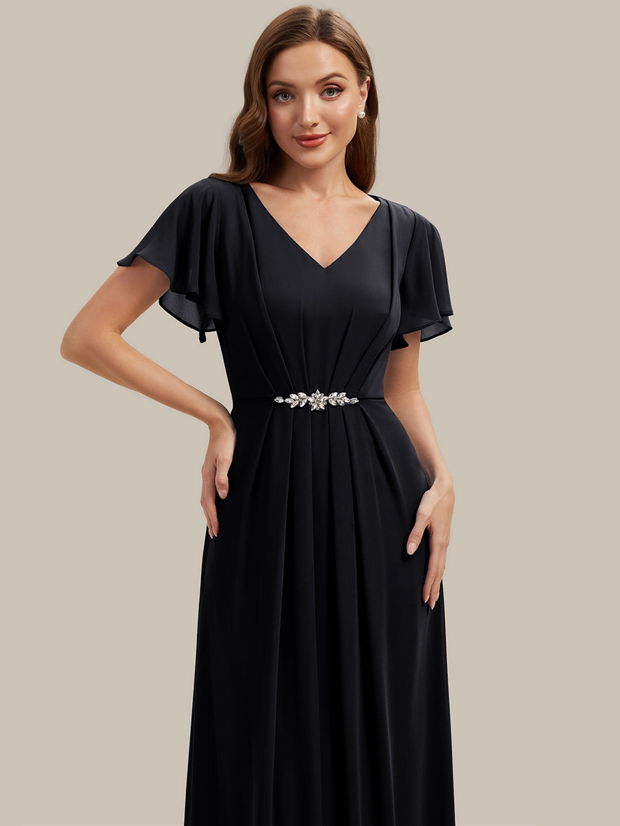 Kn?chellang V-Ausschnitt A-Line Chiffon Kleid R¨¹schendetails Strassverzierungen #Farbe_Schwarz