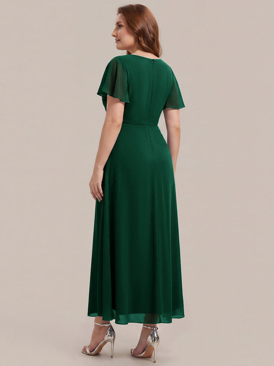 Kn?chellang V-Ausschnitt A-Line Chiffon Kleid R¨¹schendetails Strassverzierungen #Farbe_Dunkelgrün