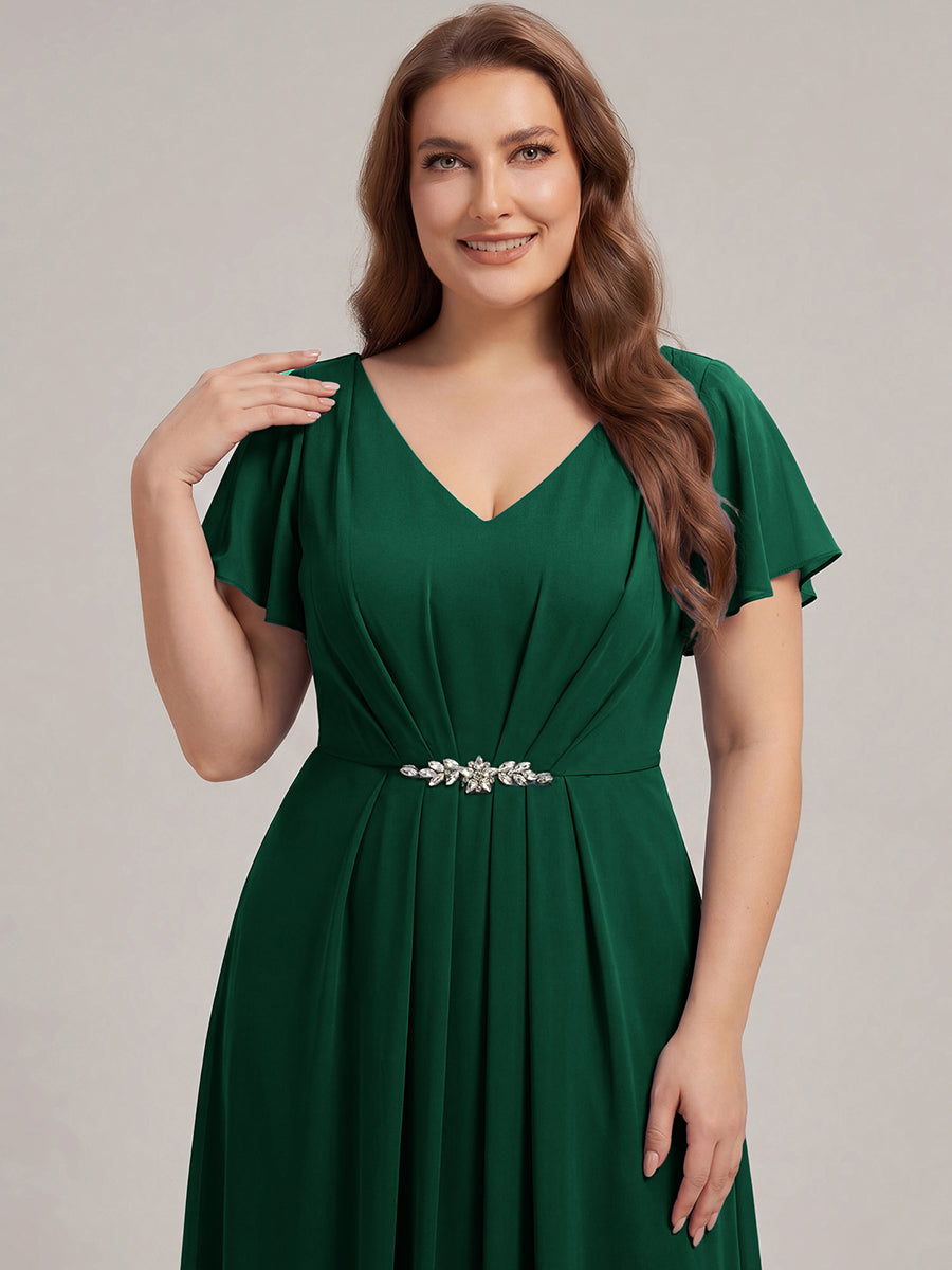 Kn?chellang V-Ausschnitt A-Line Chiffon Kleid R¨¹schendetails Strassverzierungen #Farbe_Dunkelgrün